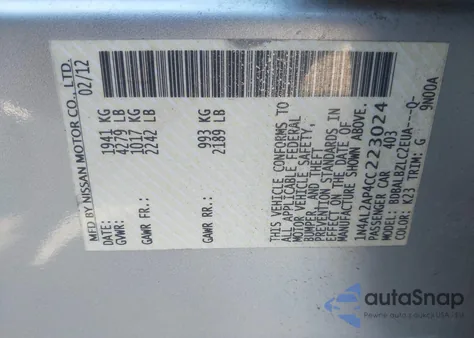 2012 Nissan Altima 2.5 S z USA, uszkodzony, nr VIN 1N4AL2AP4CC223024